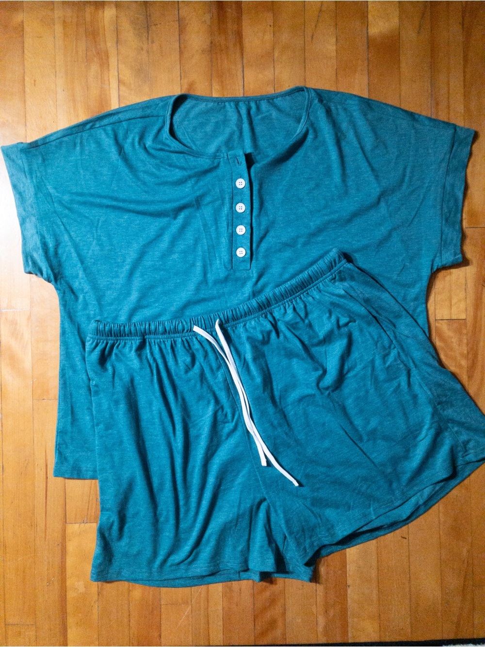 Women's Teal Short Sleeve Henley & Drawstring Shorts Sleep Set